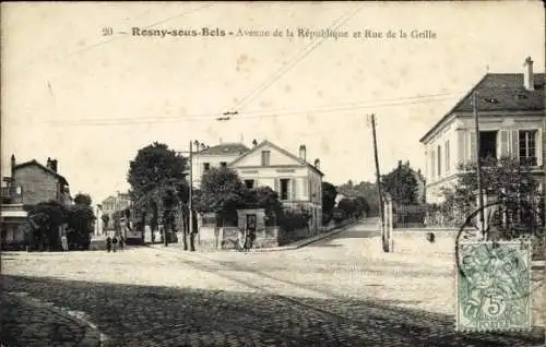 Ak Rosny sous Bois Seine Saint Denis, Avenue de la Republique, Rue de la Grille