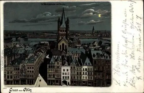 Litho Köln Rhein, Sankt Martinskirche mit Deutz, Nacht