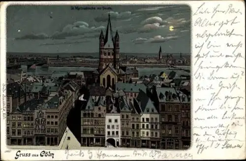 Ak Köln am Rhein, St. Martinskirche, nächtlicher Blick, Häuserfront, Rhein