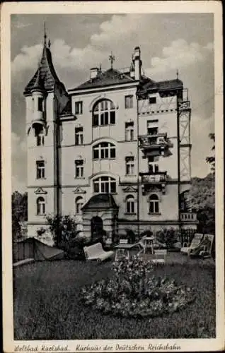 Ak Karlsbad in Baden, Weltbad  Kirche der Deutschen Reichsbahn, Architektur, Garten