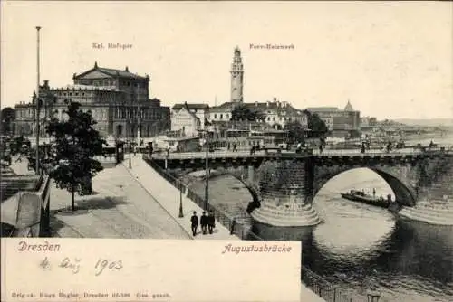 Ak Dresden Altstadt, Partie an der Augustusbrücke, Kgl. Hofoper, Fernheizwerk