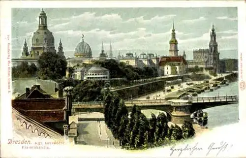 Ak Dresden Altstadt,  Kgl. Belvédère, Frauenkirche, schöne Landschaft mit Fluss