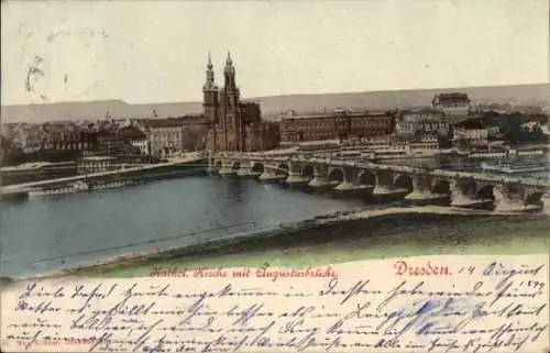 Ak Dresden Altstadt, Kirche, Augustusbrücke, Blick auf die Stadt, Fluss,  Architektur