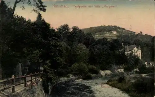 Ak Karlsbad in Baden,  Teplpartie mit Villa Margaret, Fluss und Bäume