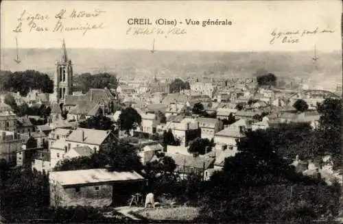 Ak Creil Oise, L'église S. Medard, Le Parc Municipal, Vue générale, l'Hôtel de Villi