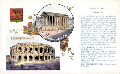 Ak Nîmes Gard, Vorderseite zeigt Arènes, Maison Carrée, Olivenhügel,  Denkmäler