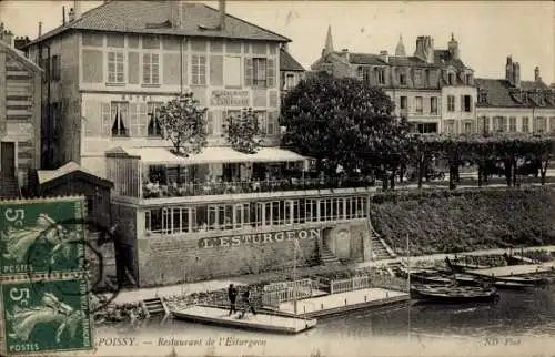 Ak Poissy Yvelines, Restaurant L'Esturgeon, Flussansicht,  Architektur, Boote