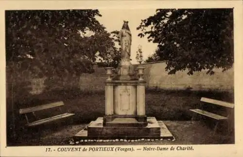 Ak Épinal Lothringen Vosges, Statue von Notre-Dame de Charité, Gartenanlage, Bänke, Bäume
