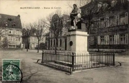 Ak Montbéliard Doubs, Statue de Cuvier, Stadtansicht, leere Bäume,  Architektur