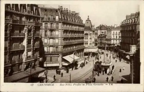 Ak Grenoble Isère, Rue Félix Poulat et Place Grenette
