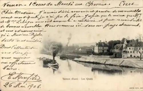 Ak Vernon Eure, Schöne Flusslandschaft, Dampfschiff, Wohngebäude, charmante Umgebung