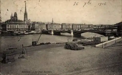 Ak Rouen Seine Maritime, Brücke Pont Boieldieu, Fluss,  Gebäude, Schwarz-Weiß-Foto