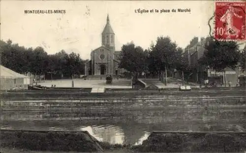 Ak Montceau les Mines Saône et Loire, Kirche, Place du Marche