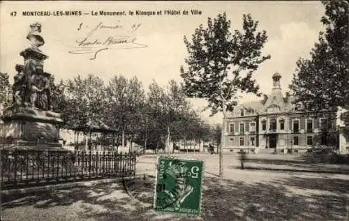 Ak Montceau les Mines Saône et Loire, Monument, Kiosque, Hotel de Ville