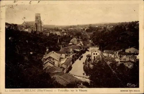 Ak Bellac Haute Vienne, Blick auf  Fluss Vincou, alte Gebäude, Kirche,  Stimmung