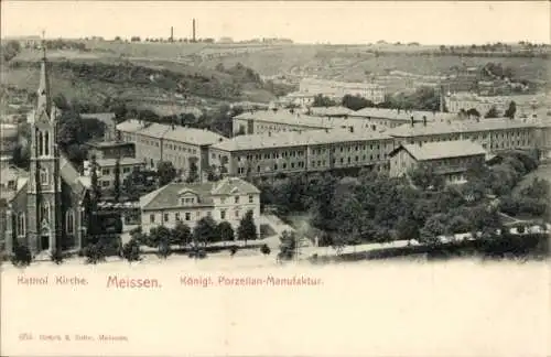 Ak Meißen an der Elbe, Katholische Kirche, Königliche Porzellan-Manufaktur
