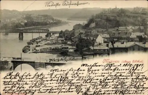 Ak Meißen an der Elbe, Stadtansicht, Flusslandschaft, Brücke,  Gebäude, Landschaft