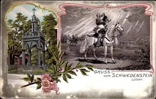 Ak Lützen im Burgenlandkreis, Gebel Vorden Schlacht, Schwertkämpfer auf Pferd, Blumenmotiv