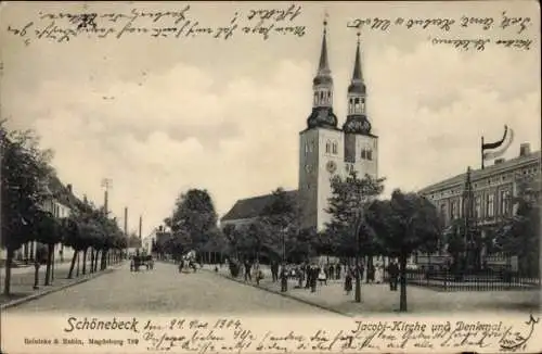 Ak Schönebeck an der Elbe, Stadtansicht mit Jacobi-Kirche, Denkmal, Bäume, Fußgänger