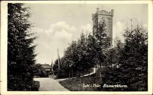 Ak Suhl in Thüringen, Bismarckturm, Wald, Straße, Wolken,  