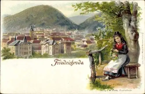Ak Friedrichroda im Thüringer Wald, Stadtansicht, junge Frau mit Blumen, Berge im Hintergrund
