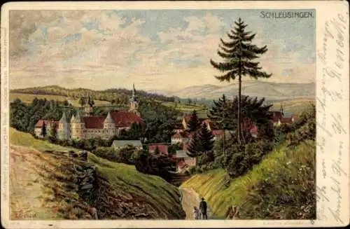 Ak Schleusingen in Thüringen, Landschaft mit Bergen, Stadtansicht, Bäume, Weg