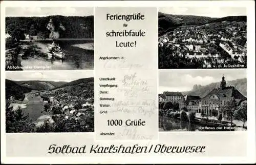 Ak Bad Karlshafen an der Weser, Gesamtansicht, Abfahrende Dampfer, Rathaus am Hafen