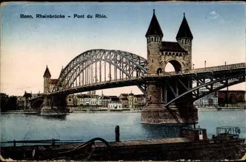 Ak Bonn am Rhein,  Rheinbrücke, Pont du Rhin, Brücke mit Türmen, Rhein, Stadtansicht
