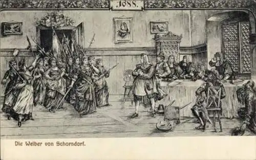 Ak Schorndorf im Remstal Württemberg, Historische Szene, Frauen mit Fahnen, 1688, Versammlung