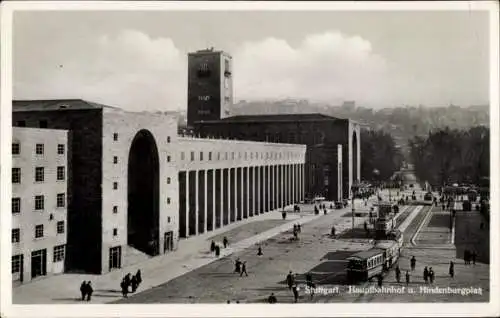 Ak Stuttgart, Blick auf den Hauptbahnhof und Hindenburgplatz, Straßenbahnen