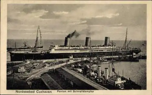 Ak Nordseebad Cuxhaven, Schiffe im Hafen, Schnelldampfer, Ponton