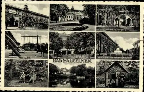Ak Salzelmen Schönebeck an der Elbe, Victoriaquelle, Gradierwerk, Parkhaus, Lindenbad, Kurhaus