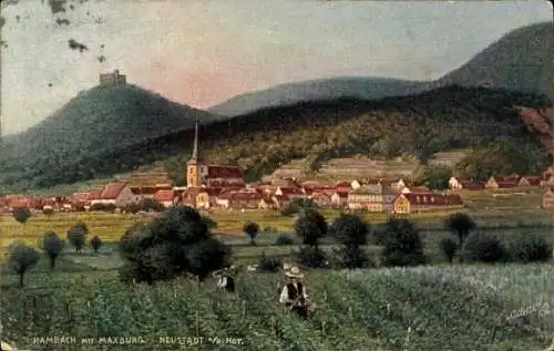 Ak Hambach Neustadt an der Weinstraße, Dorfansicht, Maxburg im Hintergrund, Weinbau,  Burg