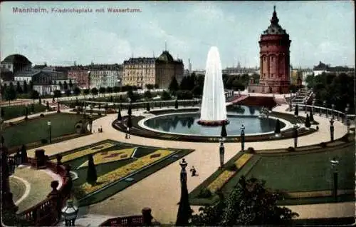 Ak Mannheim, Friedrichsplatz mit Wasserturm, Fontäne