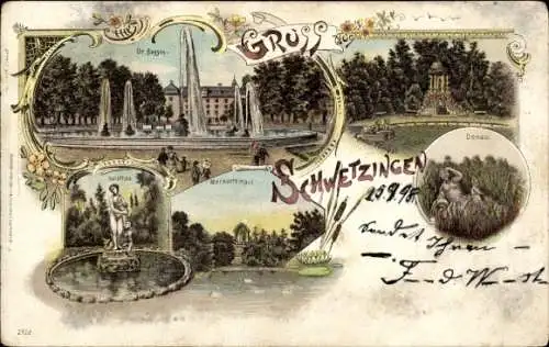 Ak Schwetzingen in Baden, Historische Gebäude, Brunnen, Skulpturen, Stadtansicht, nmotiv