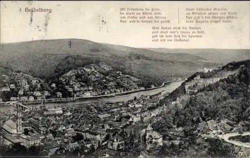 Ak Heidelberg am Neckar, Vogelperspektive auf  Neckar, Stadtansicht, Berglandschaft, poetischer T