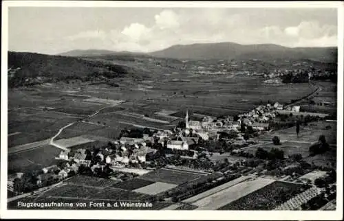 Ak Forst an der Weinstraße Pfalz, Flugzeugaufnahme, Weinberge, Dorfansicht, Alpen im Hintergrund