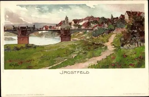 Ak Jagstfeld Bad Friedrichshall in Württemberg, Brücke über den Fluss, Stadtansicht, grüne Wiesen