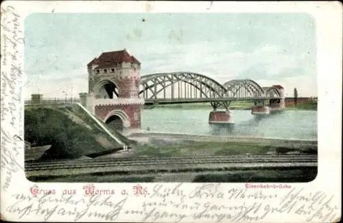 Ak Worms am Rhein, Eisenbahnbrücke