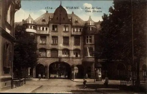 Ak Worms am Rhein, Historisches Gebäude, Rue de Gau, Gau Strasse, Stadtansicht, alte 