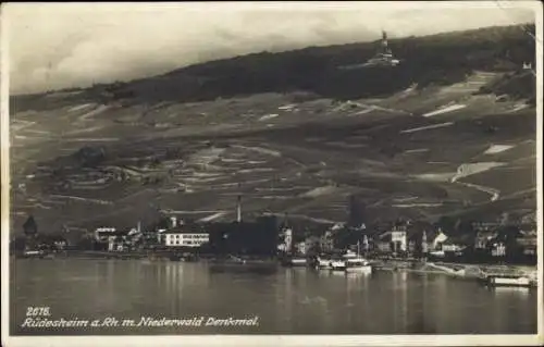 Ak Rüdesheim am Rhein, Schwarz-Weiß-Bild, Weinberge, Stadtansicht, Niederwald Denkmal