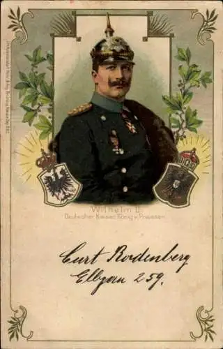 Präge Litho Kaiser Wilhelm II., Wappen, Pickelhaube