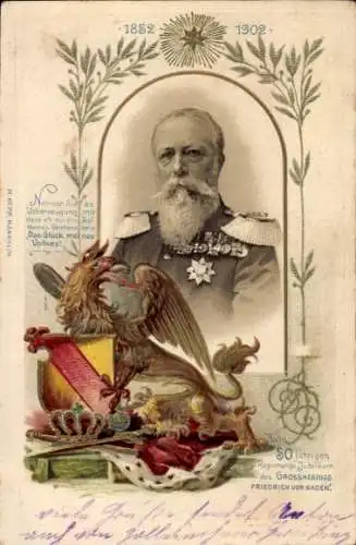 Präge Wappen Passepartout Litho Großherzog Friedrich I. von Baden, Portrait