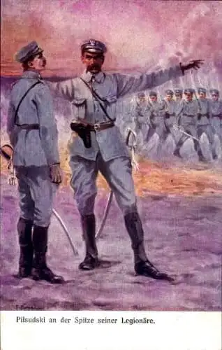 Künstler Ak Józef Piłsudski, Polnischer Feldmarschall, An der Spitze seiner Legionäre