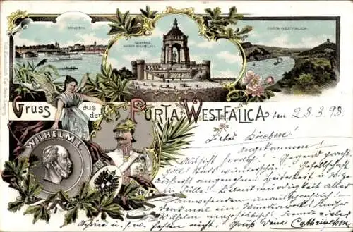 Litho Porta Westfalica an der Weser, Denkmal Kaiser Wilhelm I., Minden, Eichenlaub