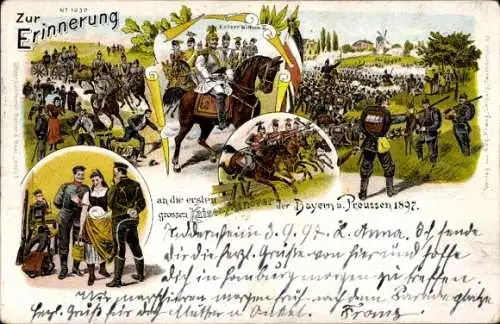 Litho Kaiser Wilhelm II. zu Pferd, Erinnerung an die großen Kaisermanöver, Bayern, Preußen, 1897