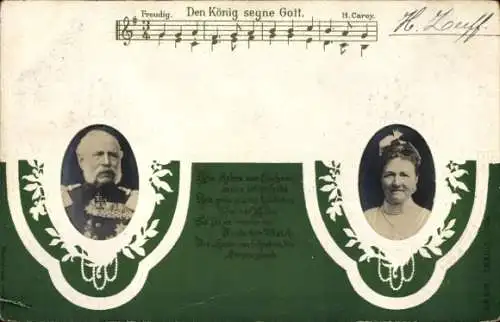 Präge Lied Ak Den König segne Gott, König Albert von Sachsen, Königin Carola