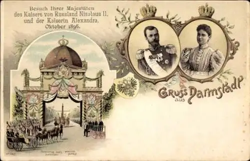Litho Darmstadt in Hessen, Zar Nikolaus II. von Russland, Zarin, Besuch 1896