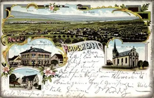 Litho Heidesheim am Rhein, Panorama, Metzgerei, Kath. Kirche