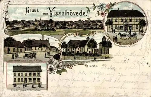 Litho Visselhövede in Niedersachsen, Geschäftshaus, Zündholzfabrik, Kirche